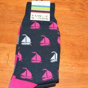 Planet Sox 2 pr. Men's Funky Socks sz. 10-13 black pink Sailboats stripes